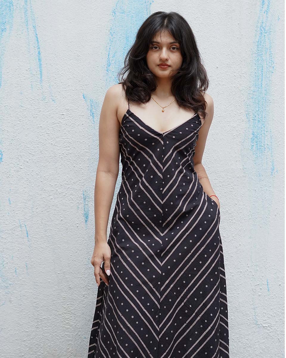 Snow Moon Black Handblock Print Cotton Dress - MNCH