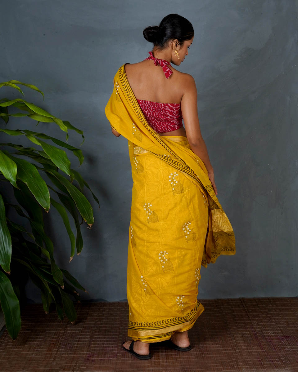 Mriga Yellow Hand Block Printed Saree-MYA
