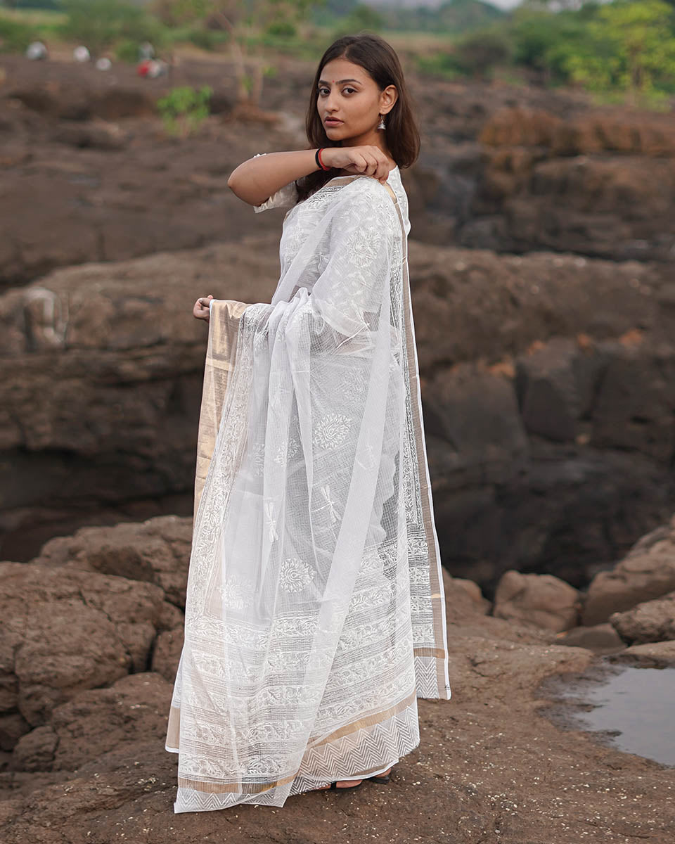 Cloudberry Kota Doria Ivory Block Printed Saree - SFD