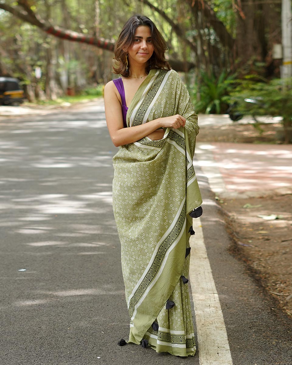 Kesar Phirni Olive Green Handblock Print Cotton Saree - PBC