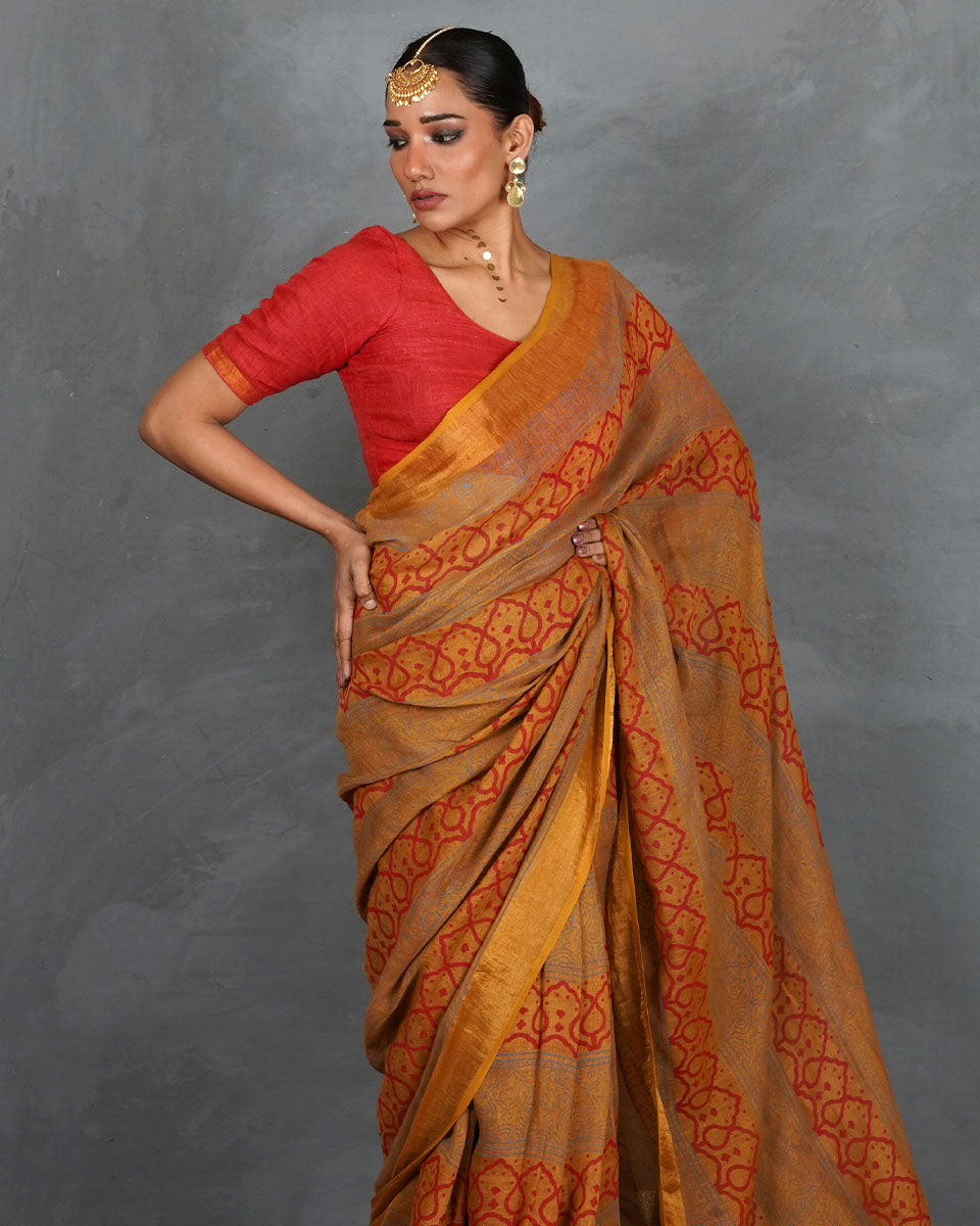 Deepika Mustard Handblock Linen Saree - TARA
