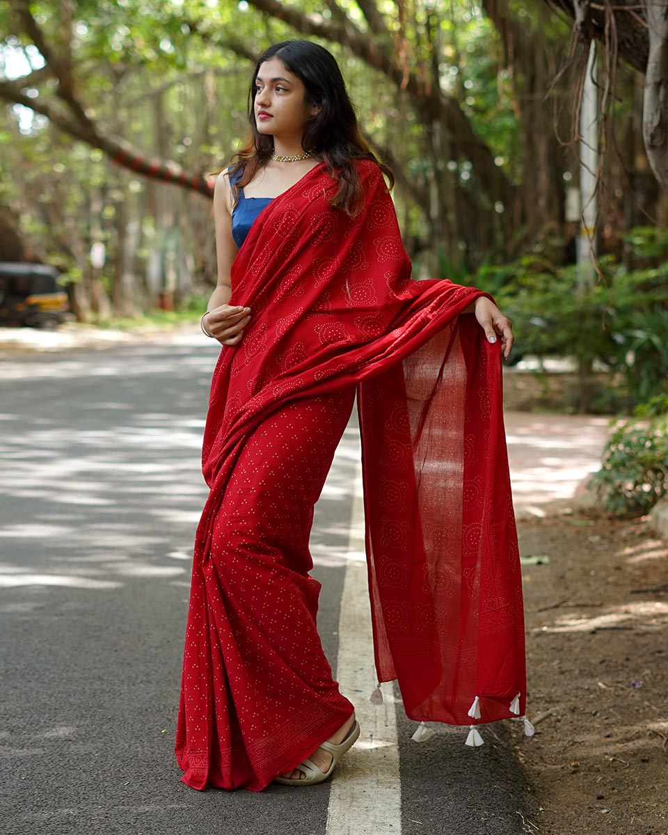 Raspberry Custard Red Handblock Print Cotton Saree - PBC