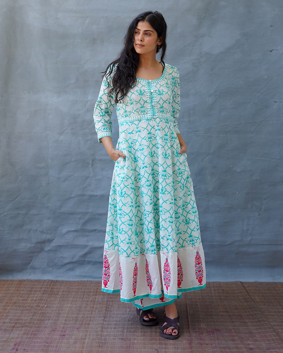 Chamomile’s Calm Teal Green Block Printed Cotton Dress - MMG