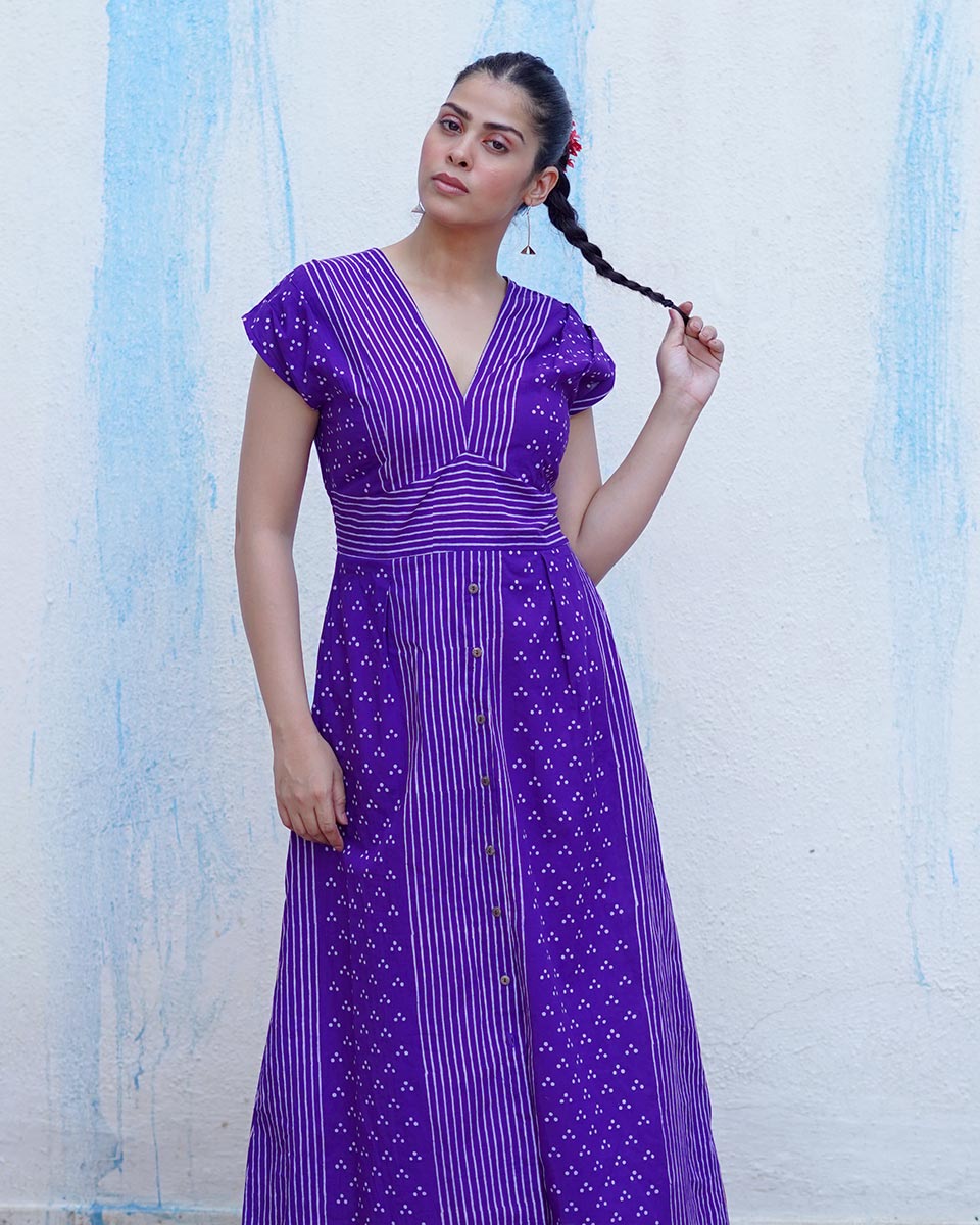 Lahari Purple Handblock Print Cotton Dress - BFG