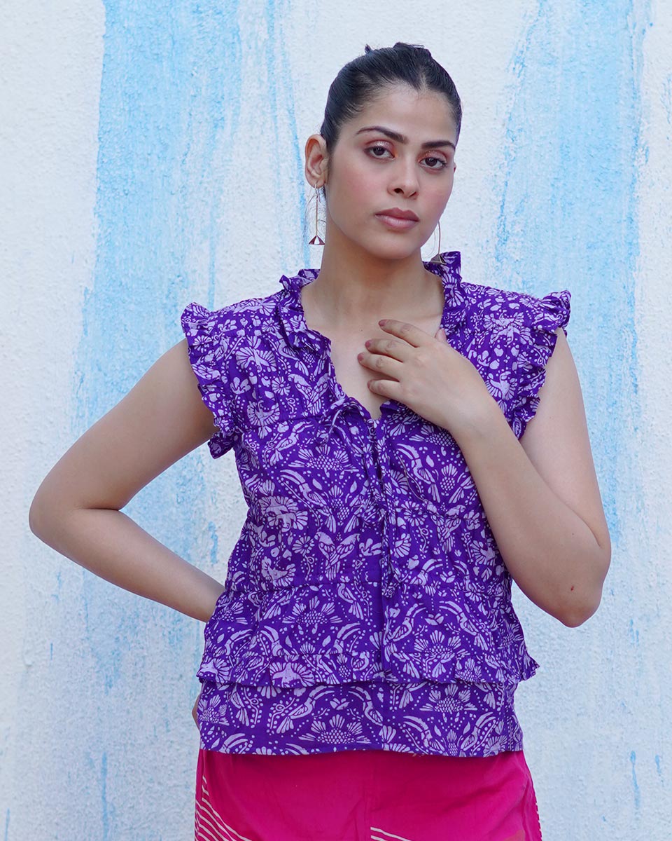 Phulwa Purple Handblock Print Cotton Top - BFG