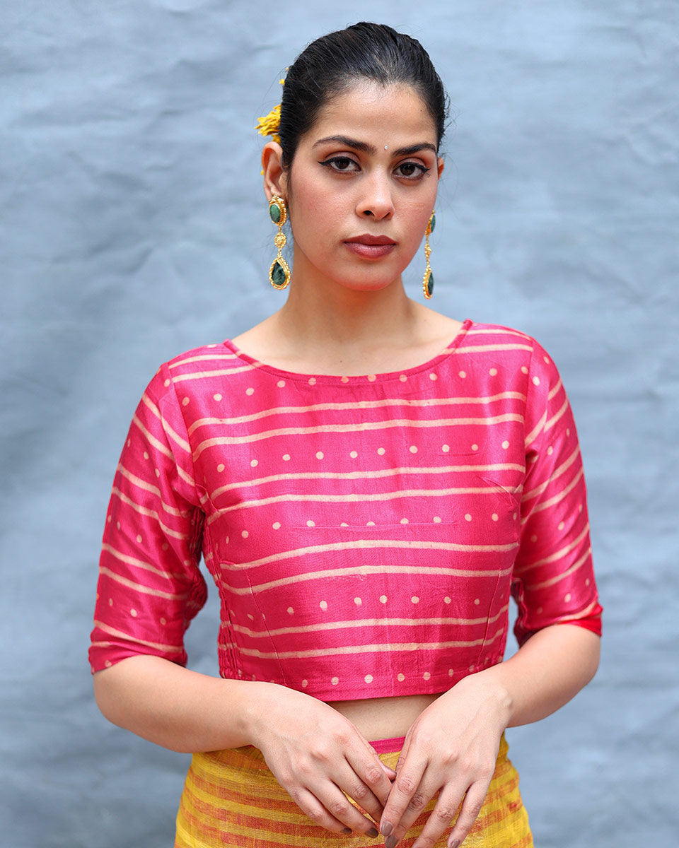 Kavya Pink Handblock Print Mashru Silk Blouse - RSH