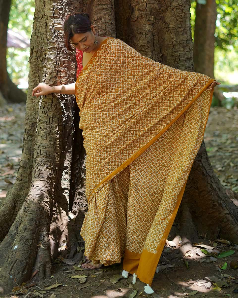 Under Open Skies Mustard Hand Block Printed Cotton Saree - UMT