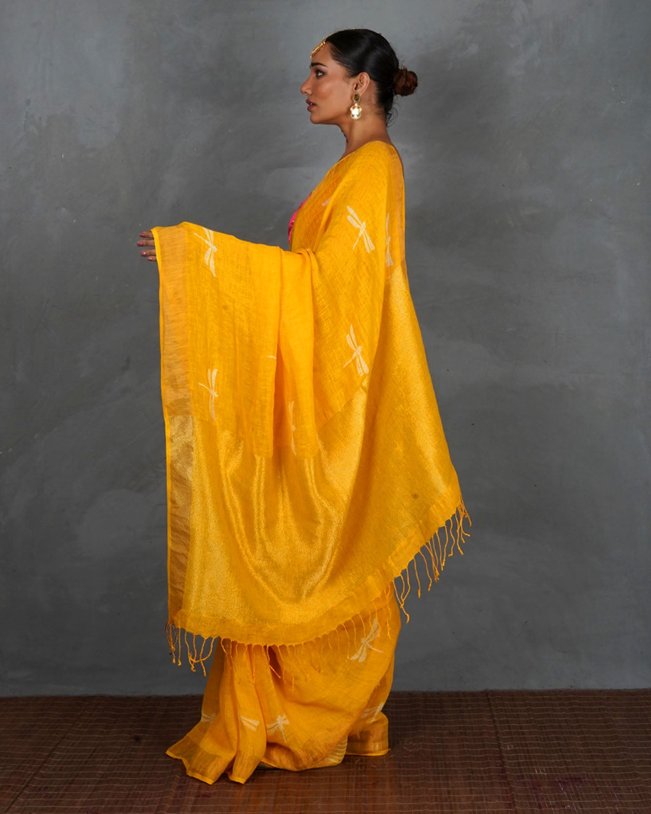 Roshni Yellow Handblock Linen Saree - TARA