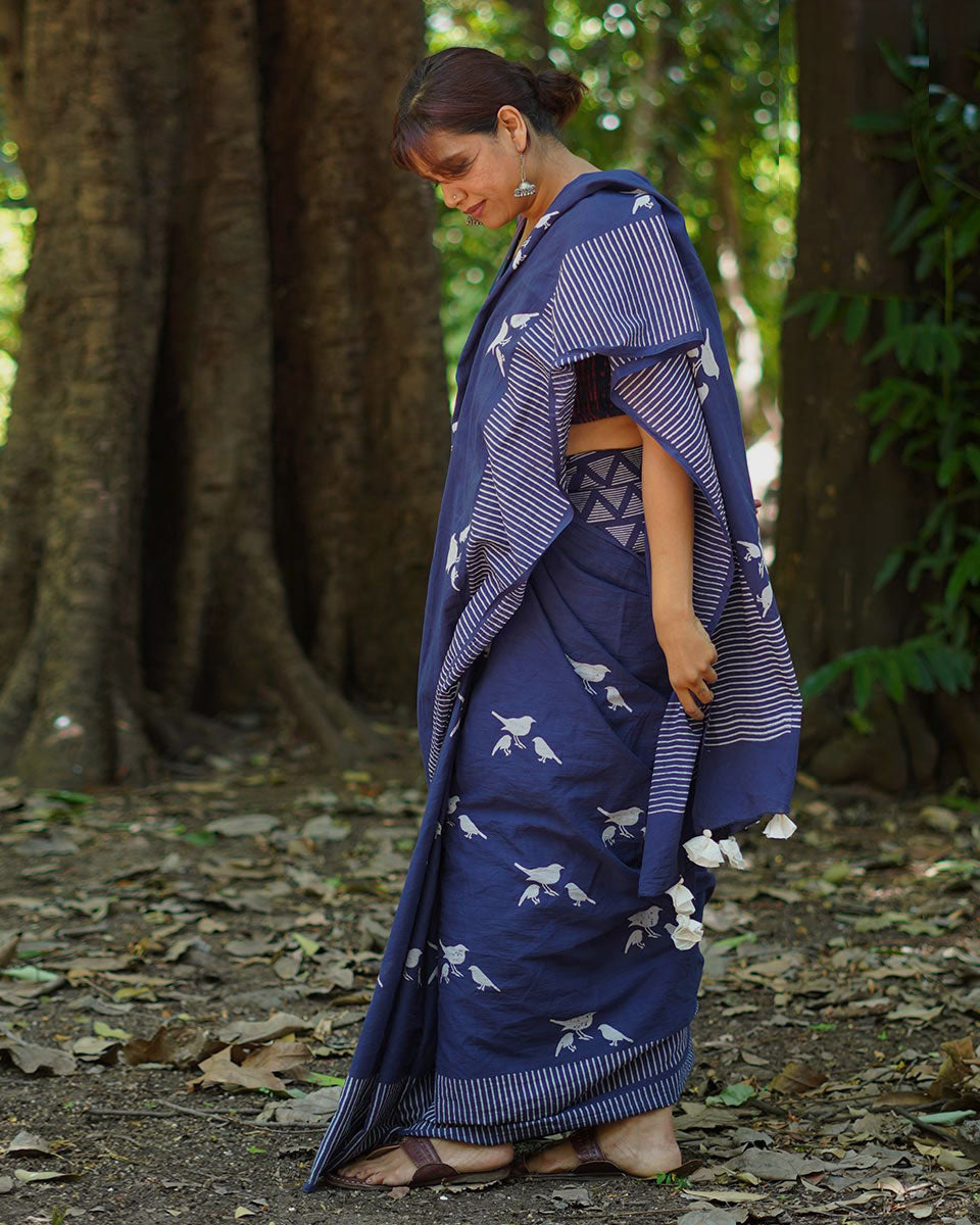 Mehekti Khushboo Blue Hand Block Printed Cotton Saree - UMT