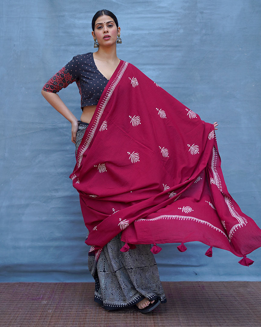 Charulata Maroon Handblock Printed Cotton Saree - Soil