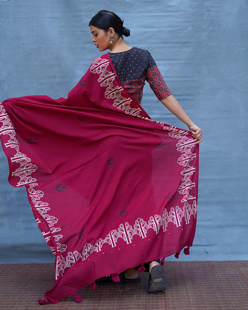 Damini Maroon With Black Handblock Printed Cotton Saree - Soil