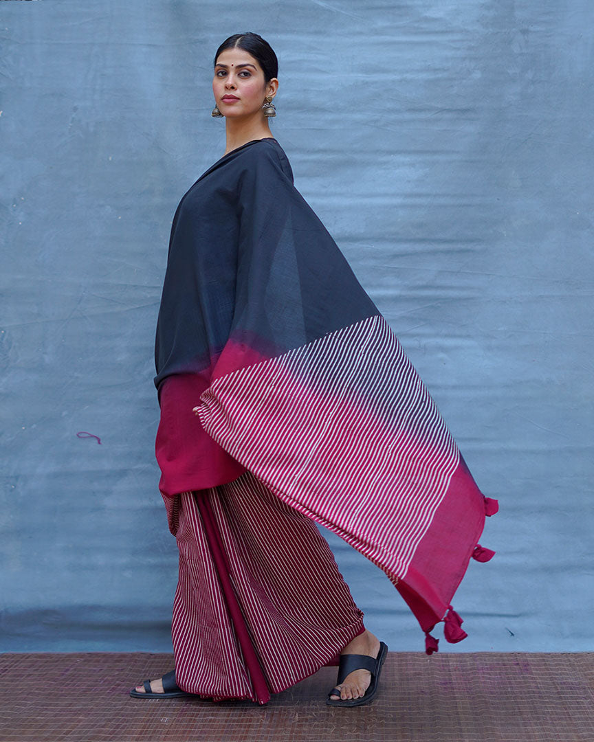 Bimala Black With Maroon Handblock Printed Cotton Saree - Soil