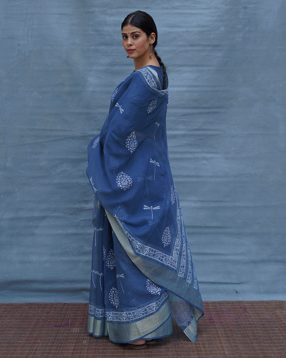 Indigo Shore Blue Block Printed Kota Doria Saree - INDI