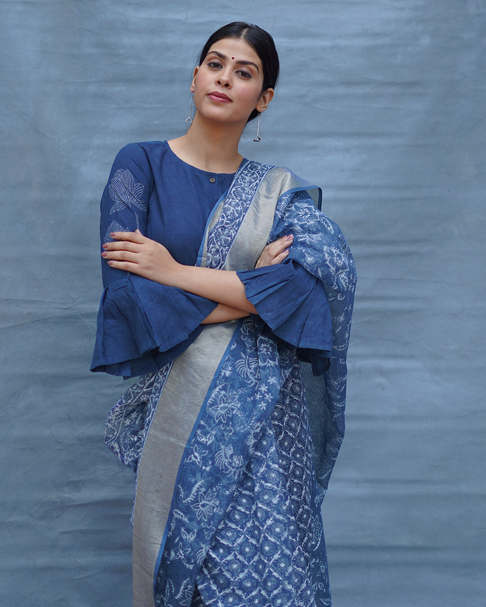 Waiting Sea Blue Block Printed Kota Doria Saree - INDI