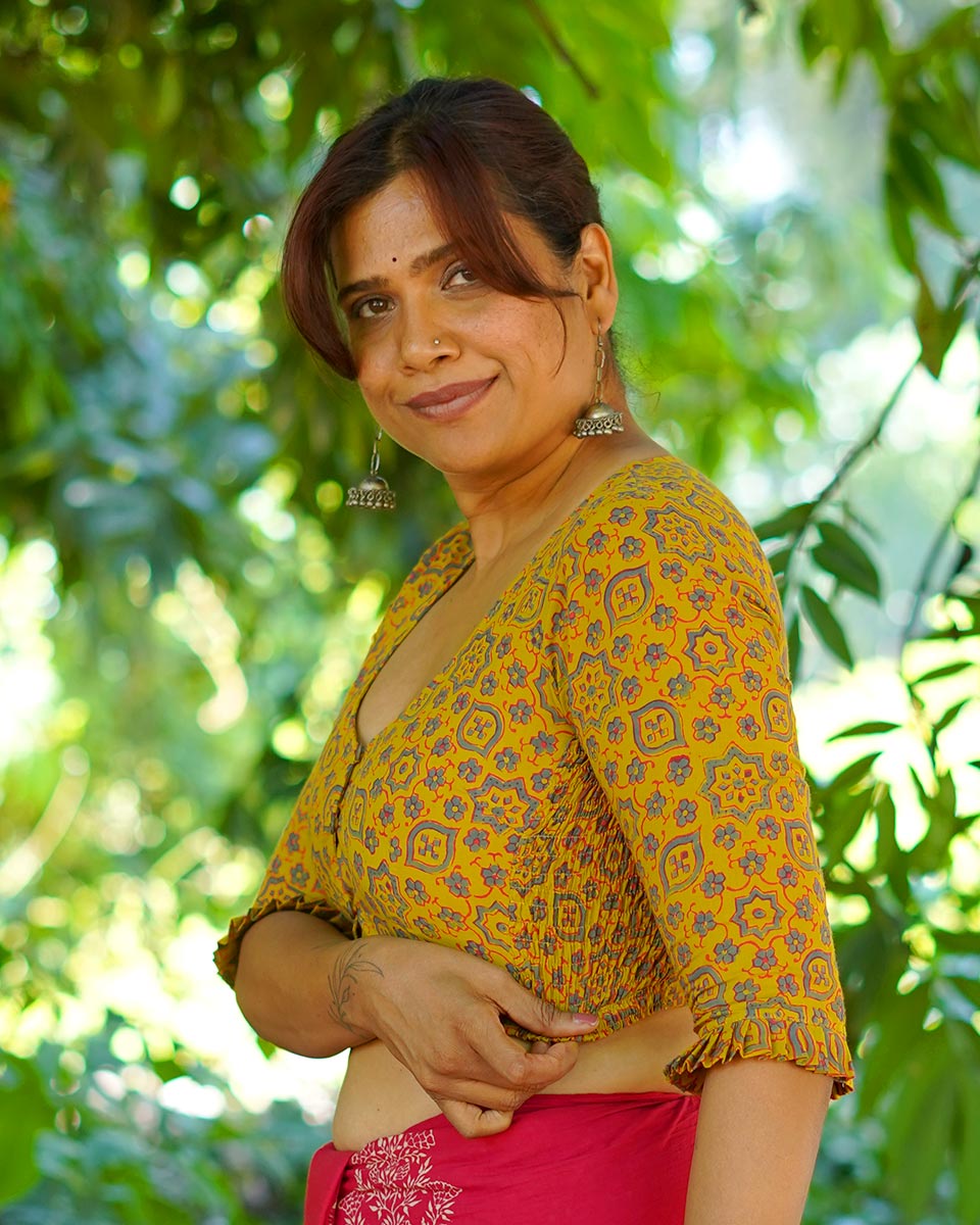 Swinging in veranda Mustard Yellow Hand Block Printed Cotton Blouse - UMT