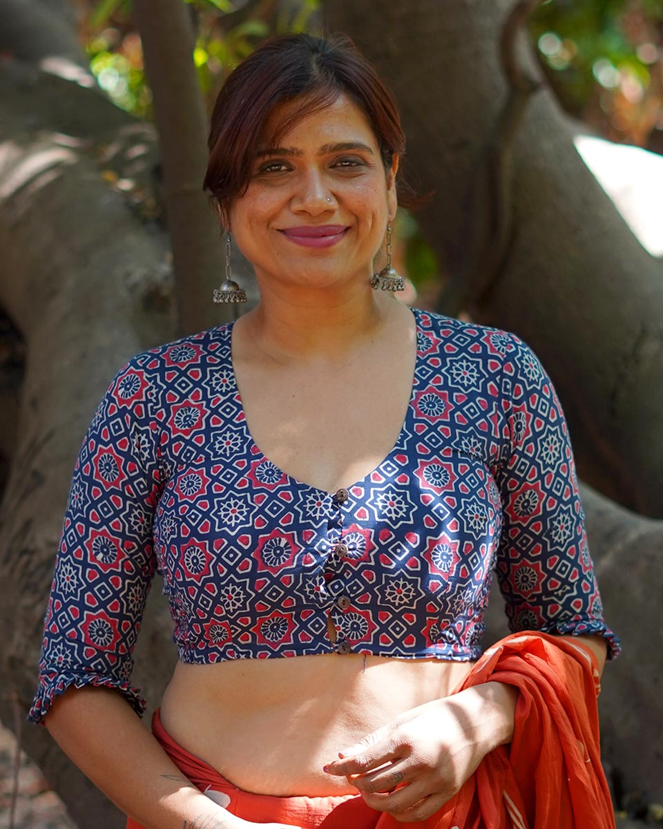 Carefree Hours Indigo Blue Hand Block Printed Cotton Blouse - UMT