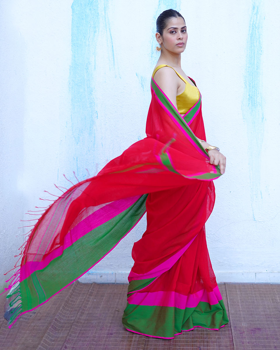 Eos Red With Green Handwoven Cotton Saree - NTC