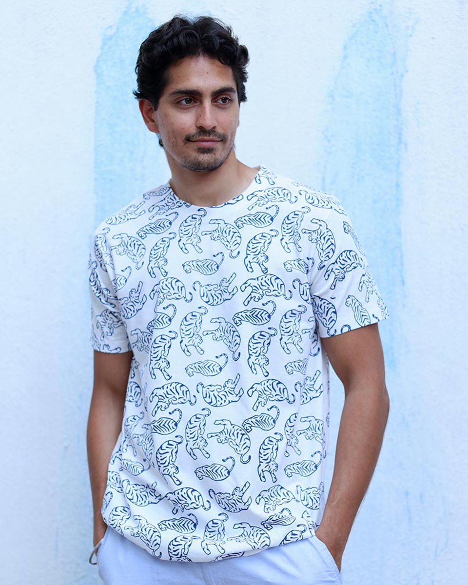 Farhad White Hand Block Print Cotton T- Shirt - TOF