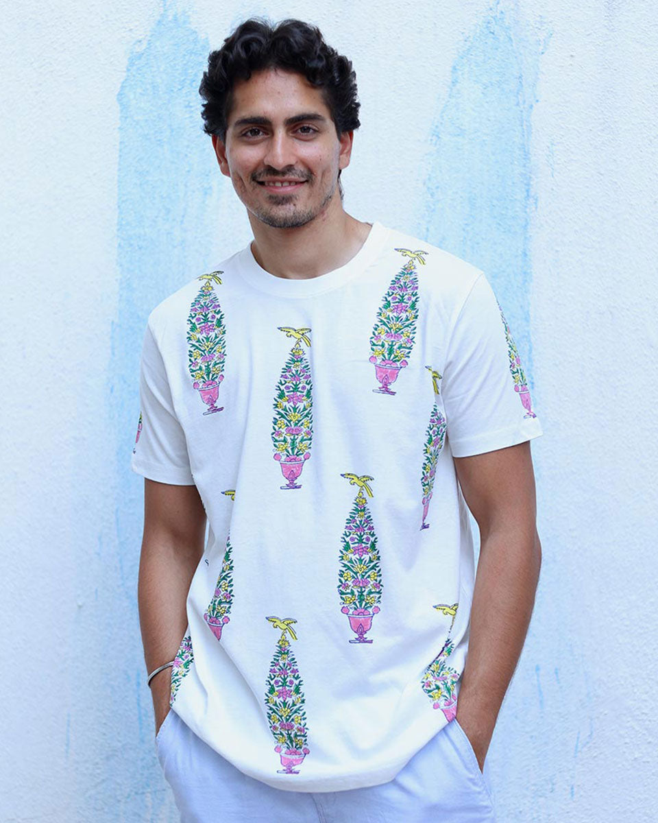 Humraaz White Hand Block Print Cotton T- Shirt - TOF