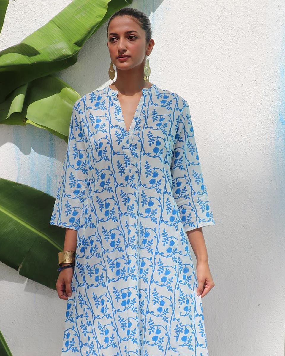 Rohini White With Blue Handblock Print Cotton Kurta - WITC