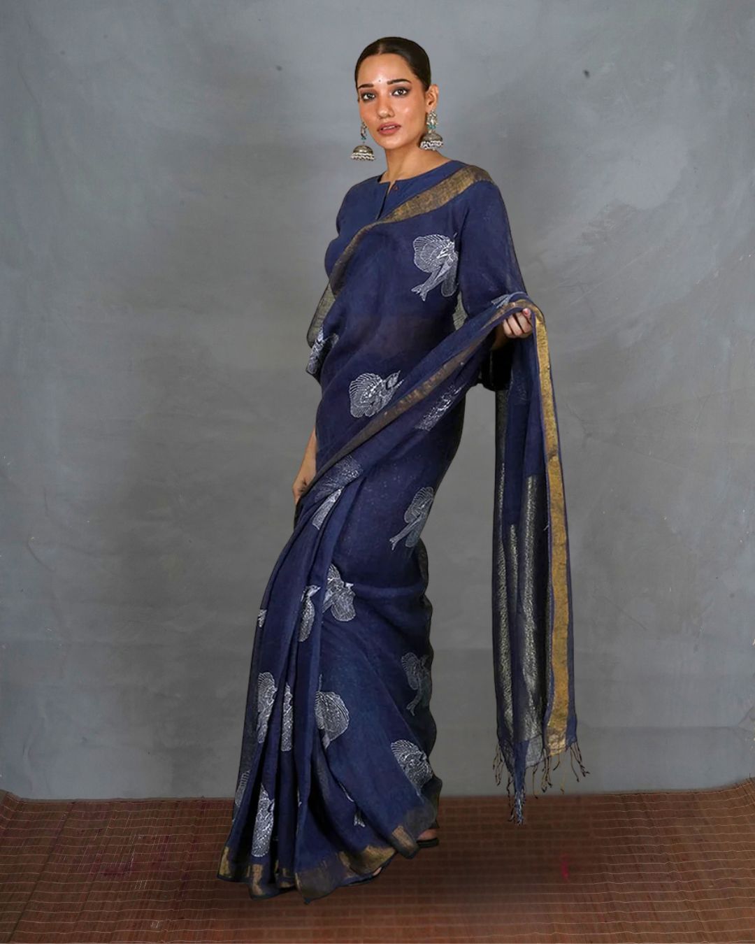 Rasiya Blue Handblock Print Linen Saree - INDI