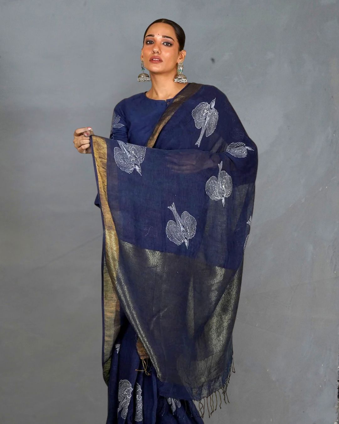 Rasiya Blue Handblock Print Linen Saree - INDI