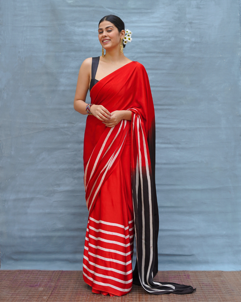 Soft Drift Red Handblock Print Modal Silk Saree - Flow
