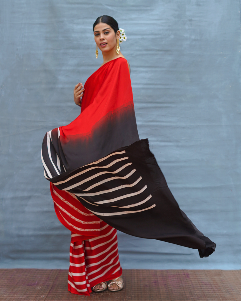 Soft Drift Red Handblock Print Modal Silk Saree - Flow