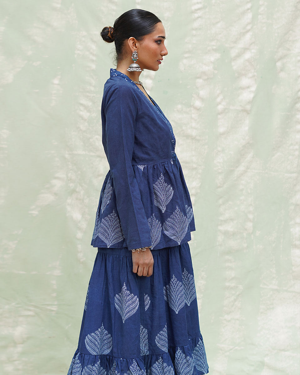 Vihang Blue Handblock Print Cotton Jacket - INDI