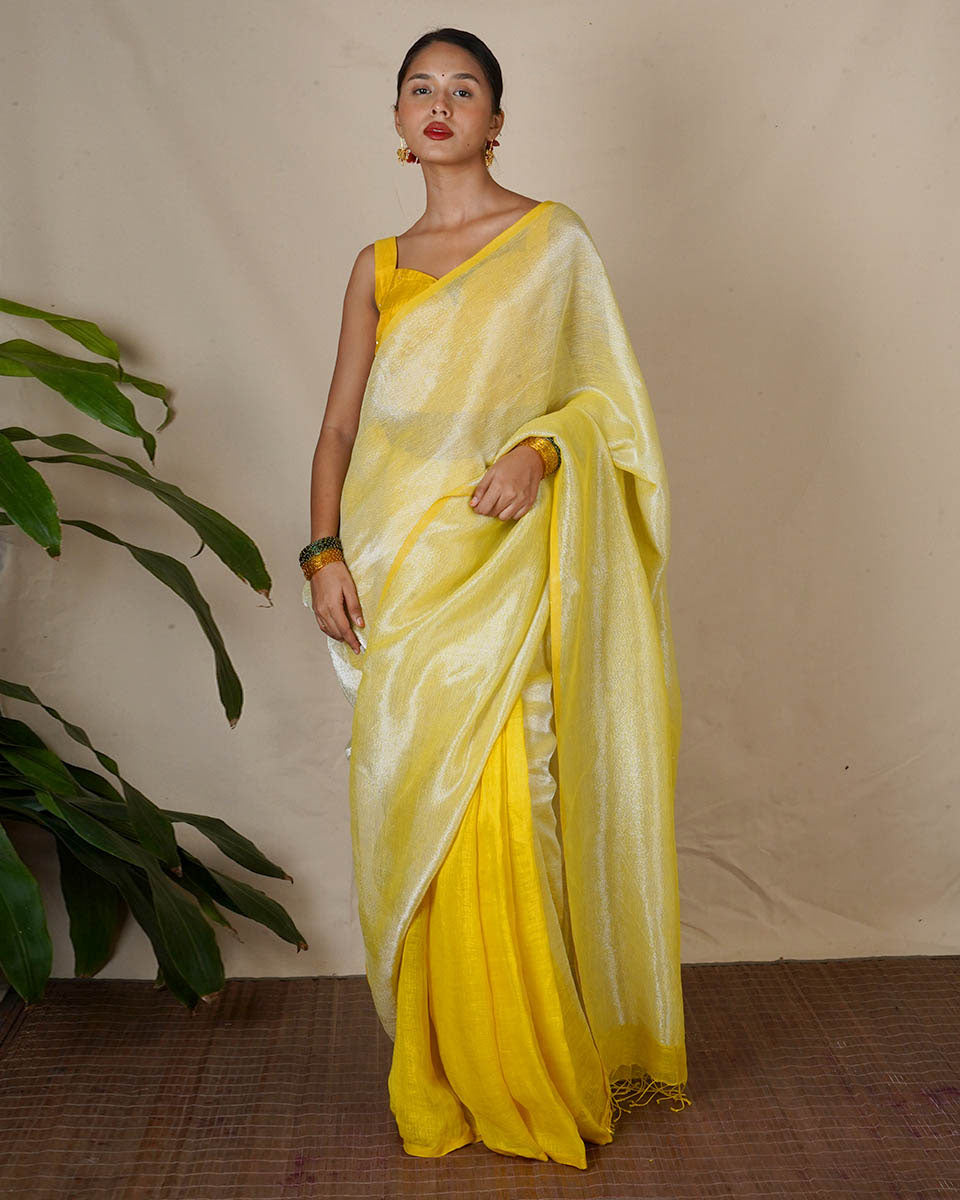 Jasnoor Yellow Handwoven Linen Zari Saree - Eknoor