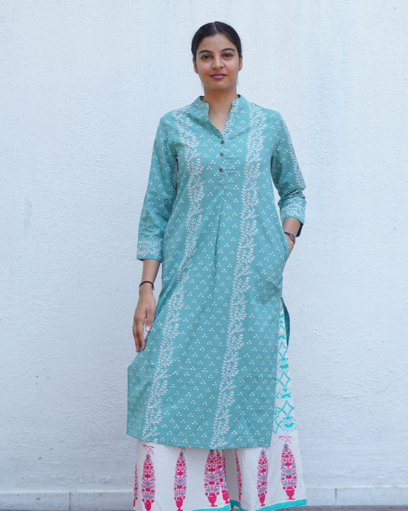 Bliss of Baby’s Breath Teal Green Block Printed Kurti - MMG