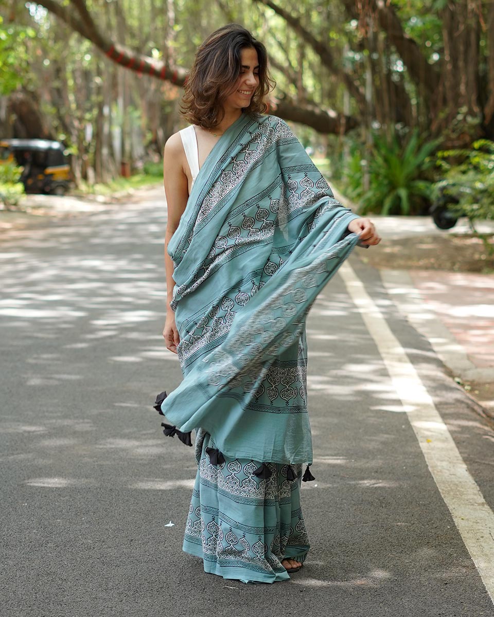 Misri Mist Blue Handblock Print Cotton Saree - PBC