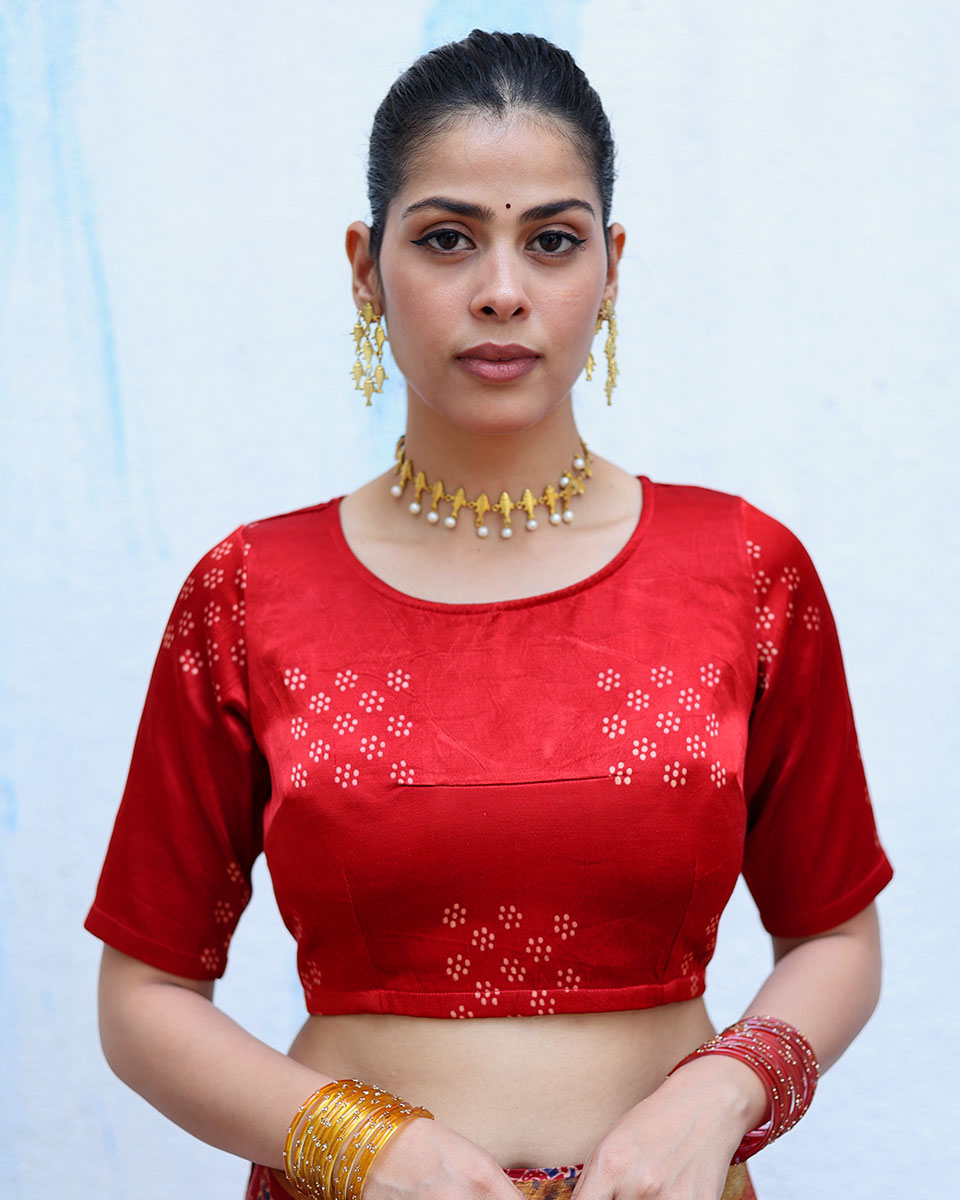 Aalo Red Handblock Print Mashru Silk Blouse - RSH