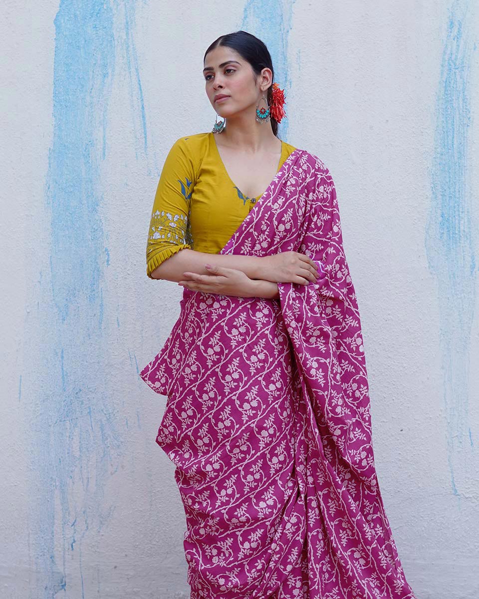 Gudiya Pink Handblock Print Cotton Saree - BFG