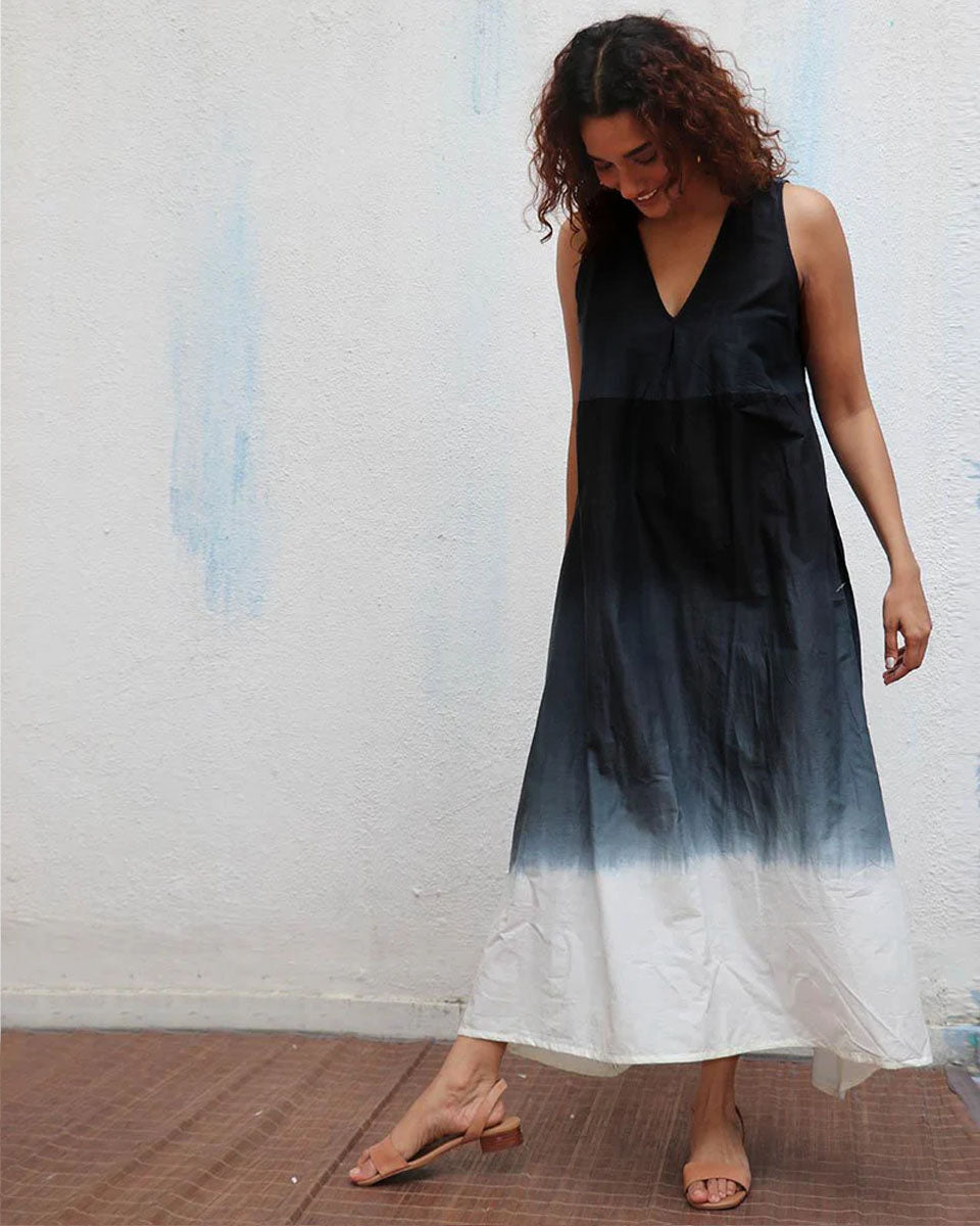 Blackberry Matcha Handblock Printed Cotton Dress - Mono