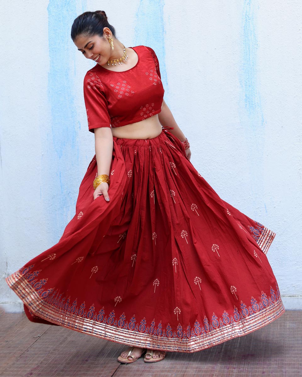 Jyotsna Red Handblock Print Cotton Ghagra - RSH