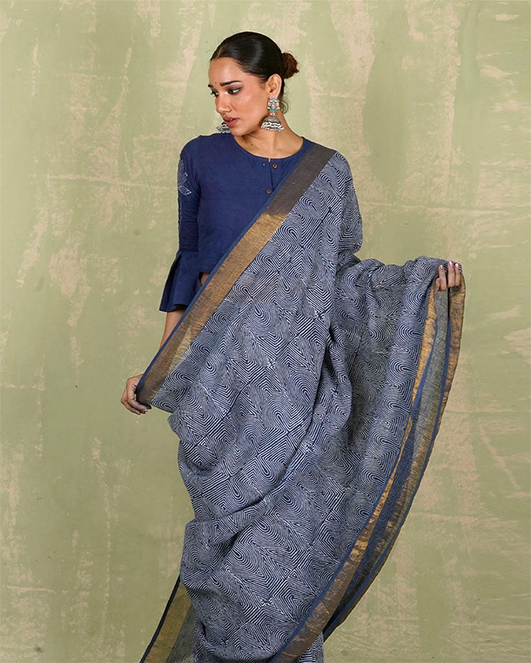 Sanjh Tarini Blue Handblock Print Linen Saree - INDI