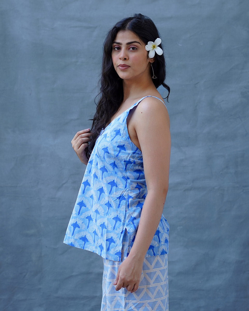 Varsha Ivory Blue Hand Block Printed Top-BAD