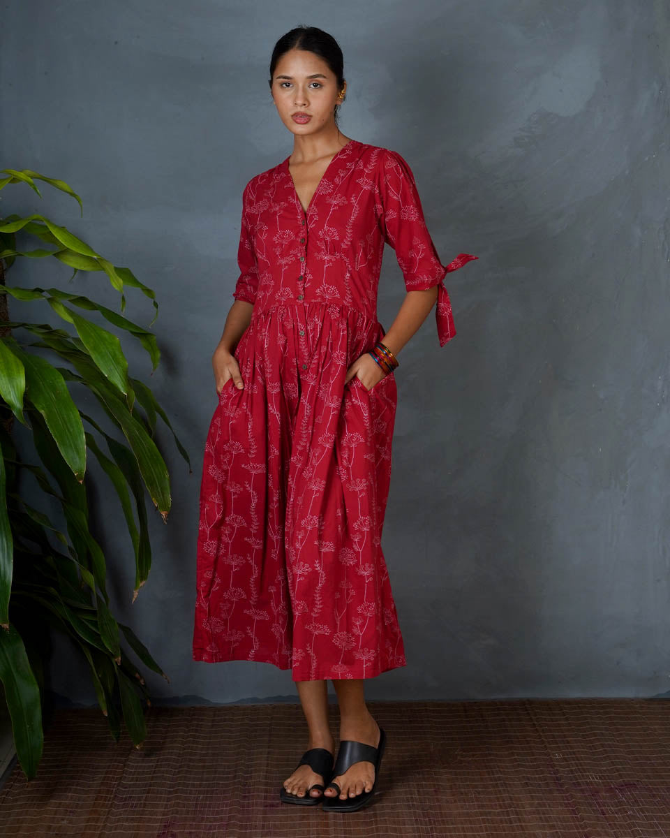 Saanjhika Red Hand Block Printed Dress-MYA
