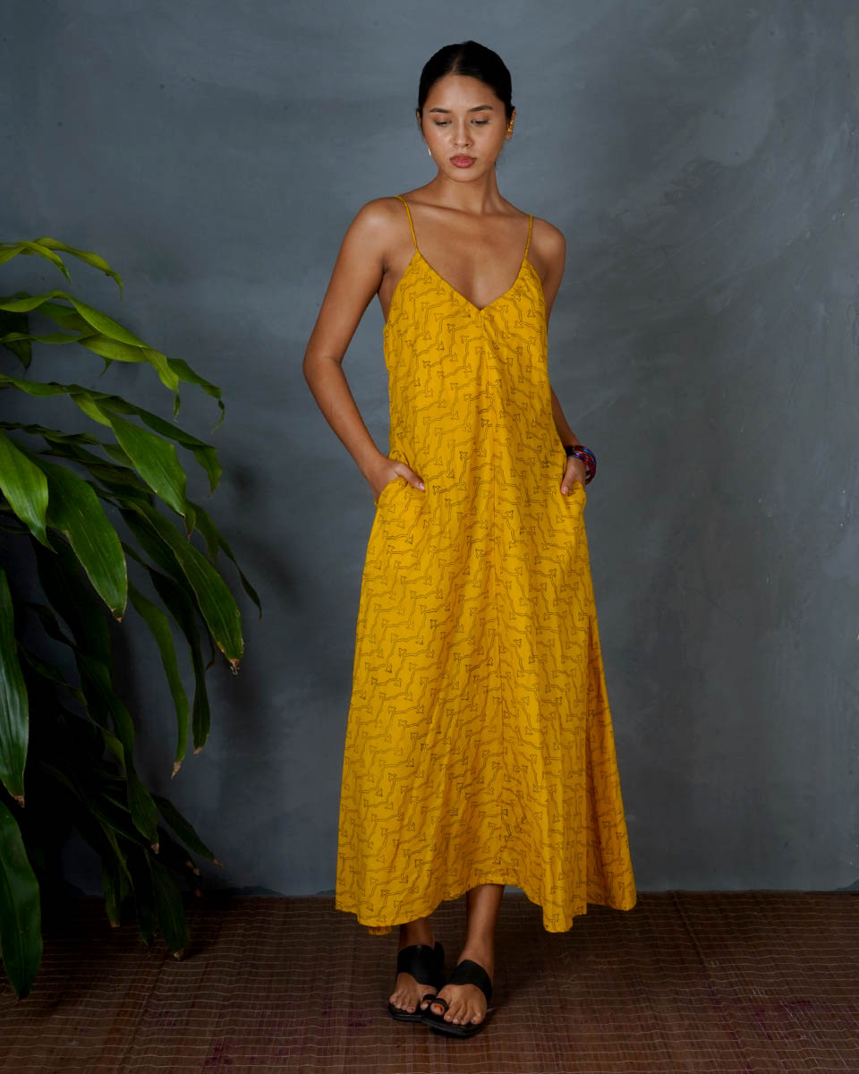 Amaira Yellow Hand Block Printed Dress-MYA