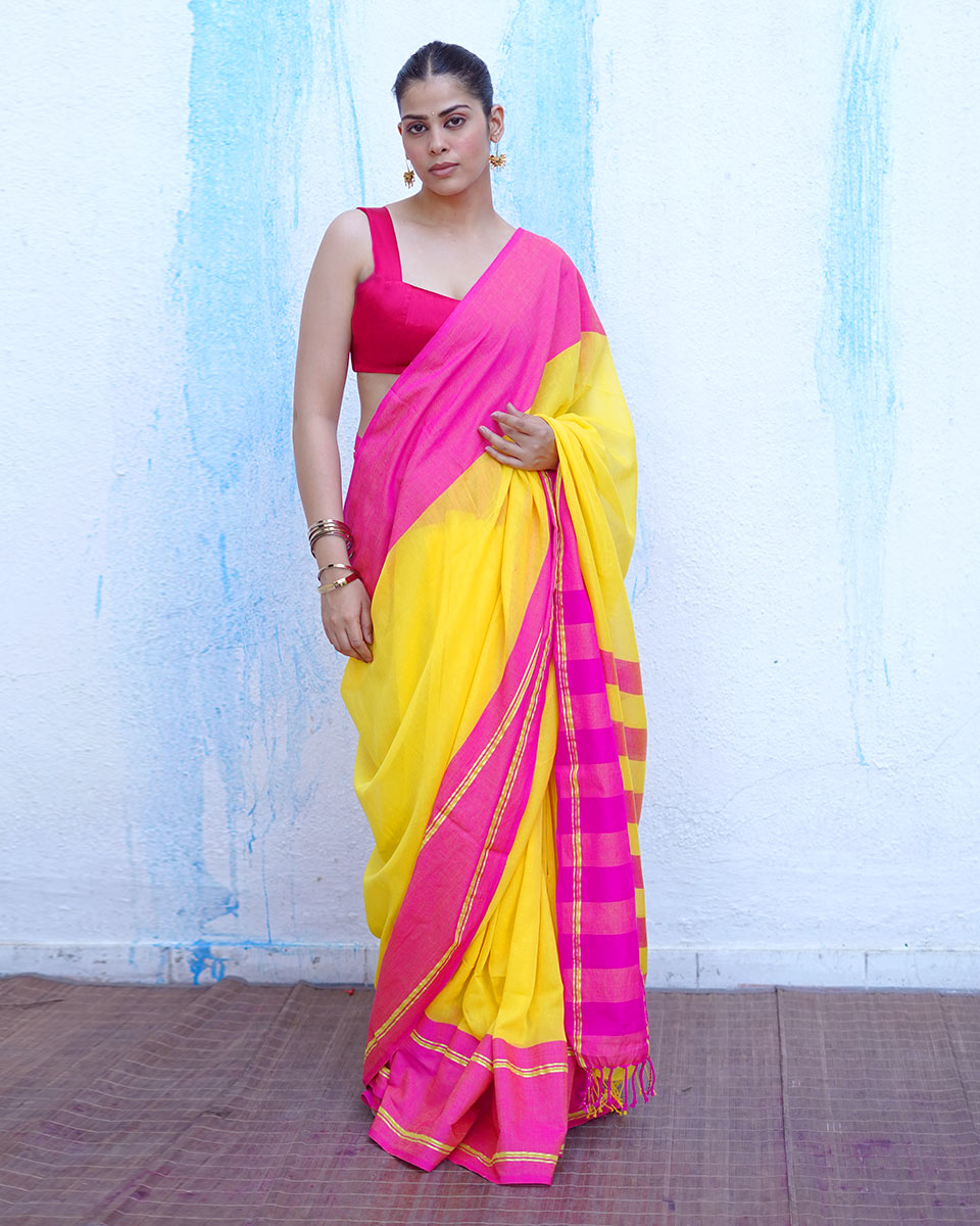 Athena Yellow With Pink Handwoven Cotton Saree - NTC