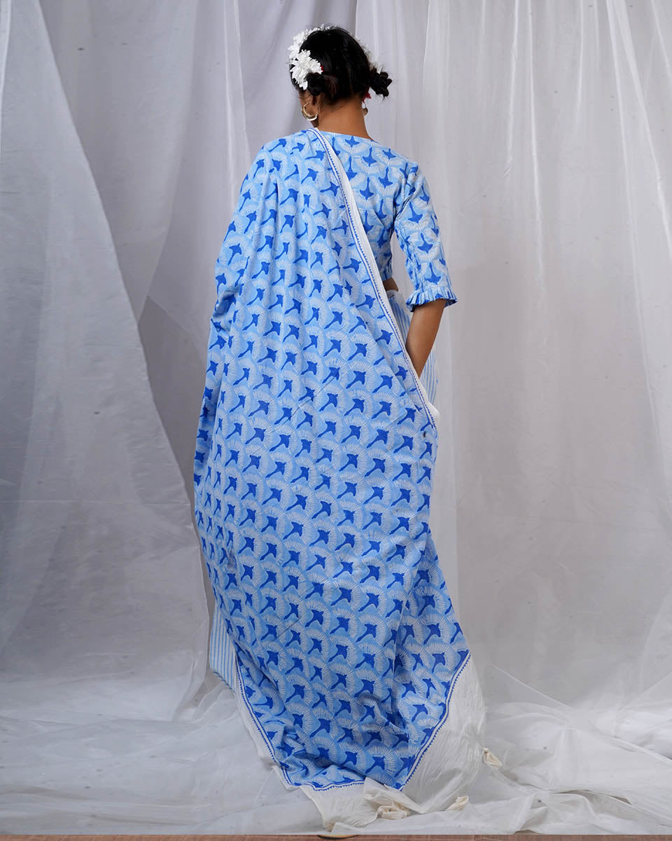 Maya Blue Hand Block Printed Saree-BAD