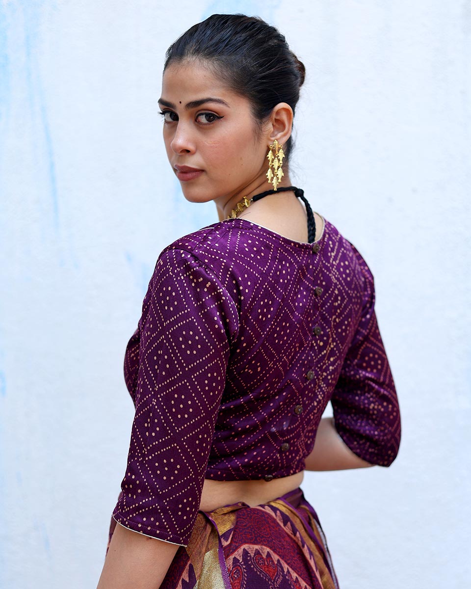 Mahsa Purple Handblock Print Mashru Silk Blouse - RSH
