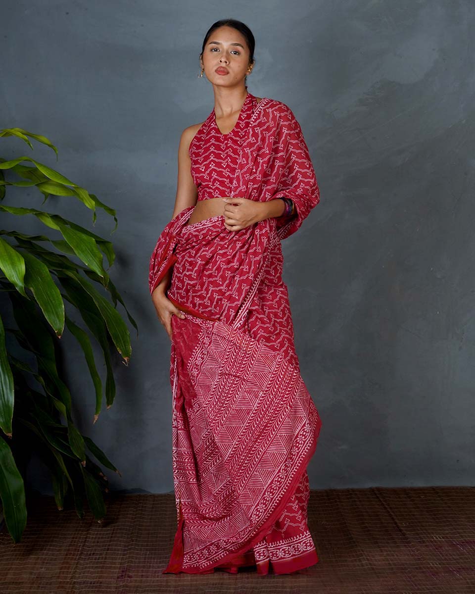 Roopika Red Hand Block Printed Saree-MYA