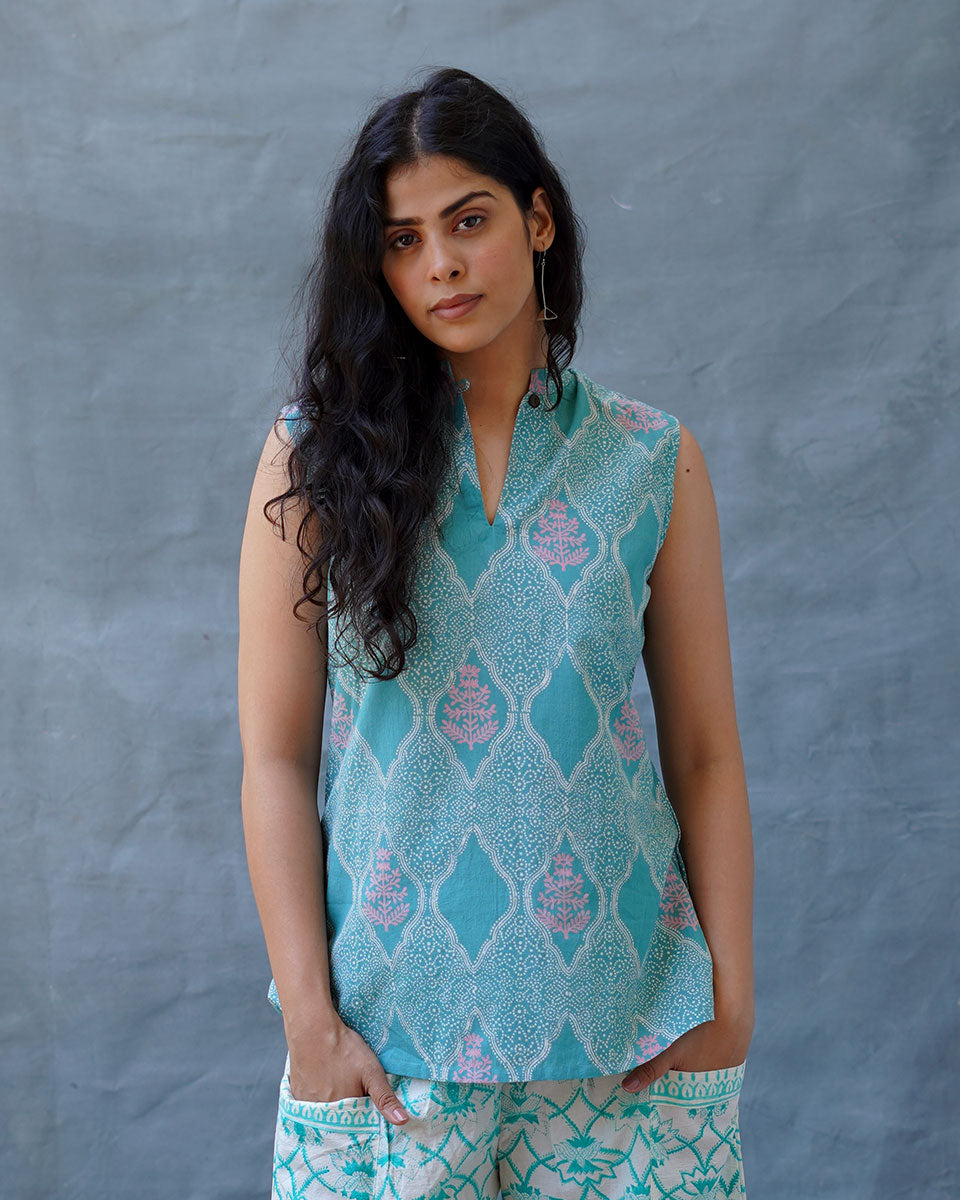 Frangipani’s Freshness Teal Green Block Printed Top - MMG