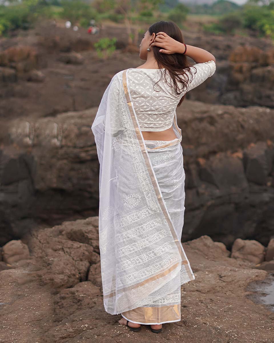 Cloudberry Kota Doria Ivory Block Printed Saree - SFD