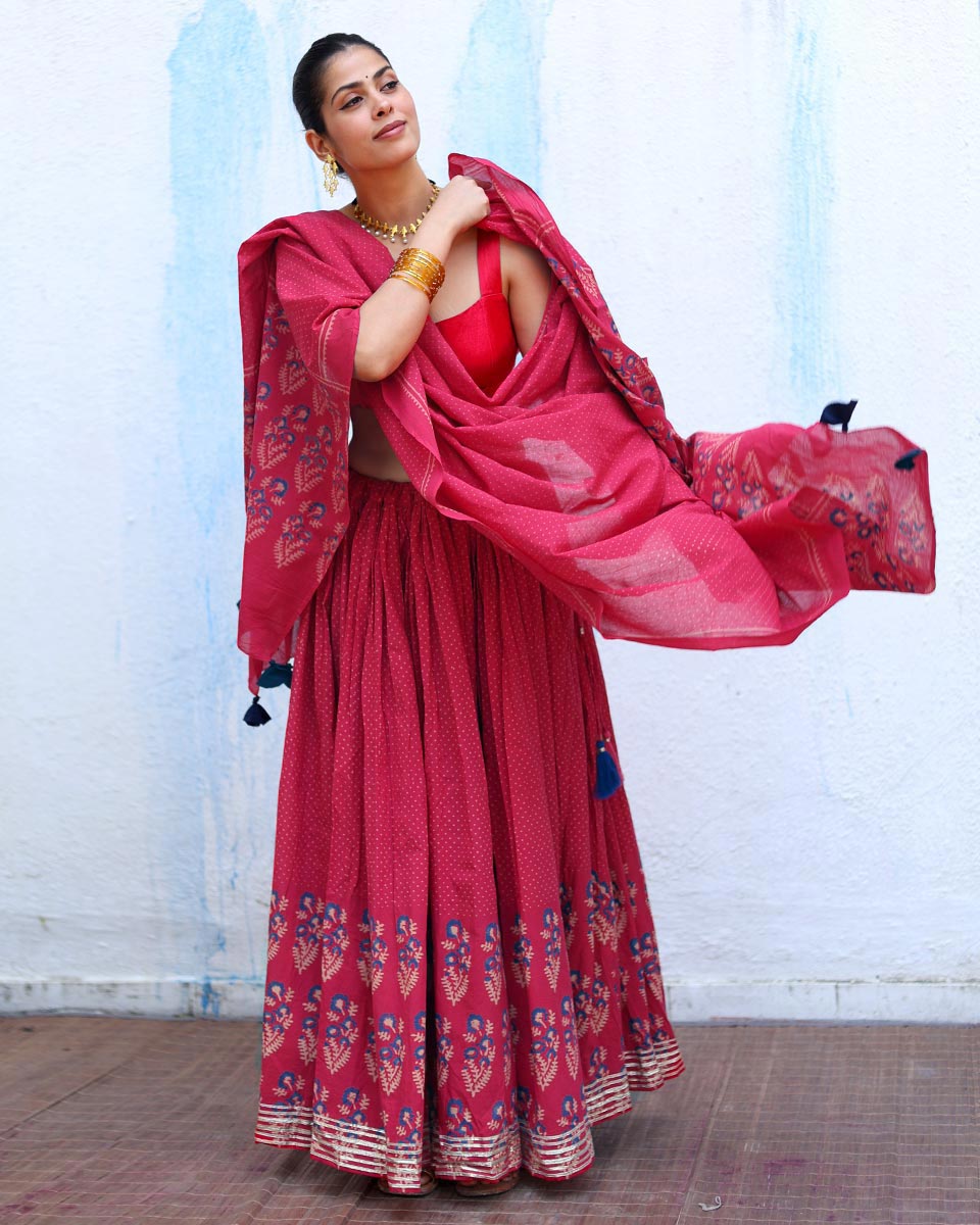 Prabhati Pink Handblock Print Cotton Dupatta - RSH