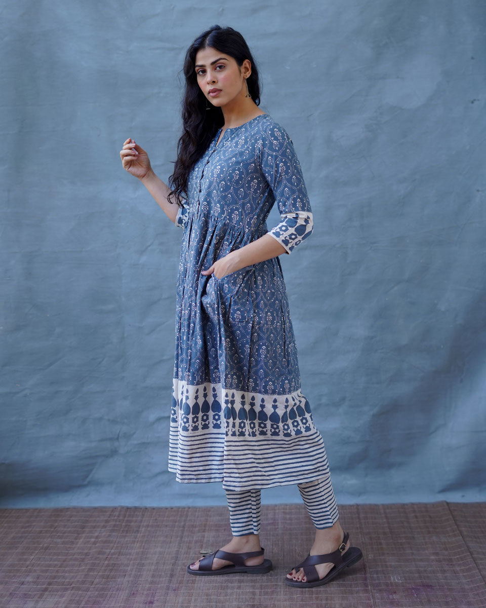 Hollow Dusk Grey Block Printed Kurta Set - BMS