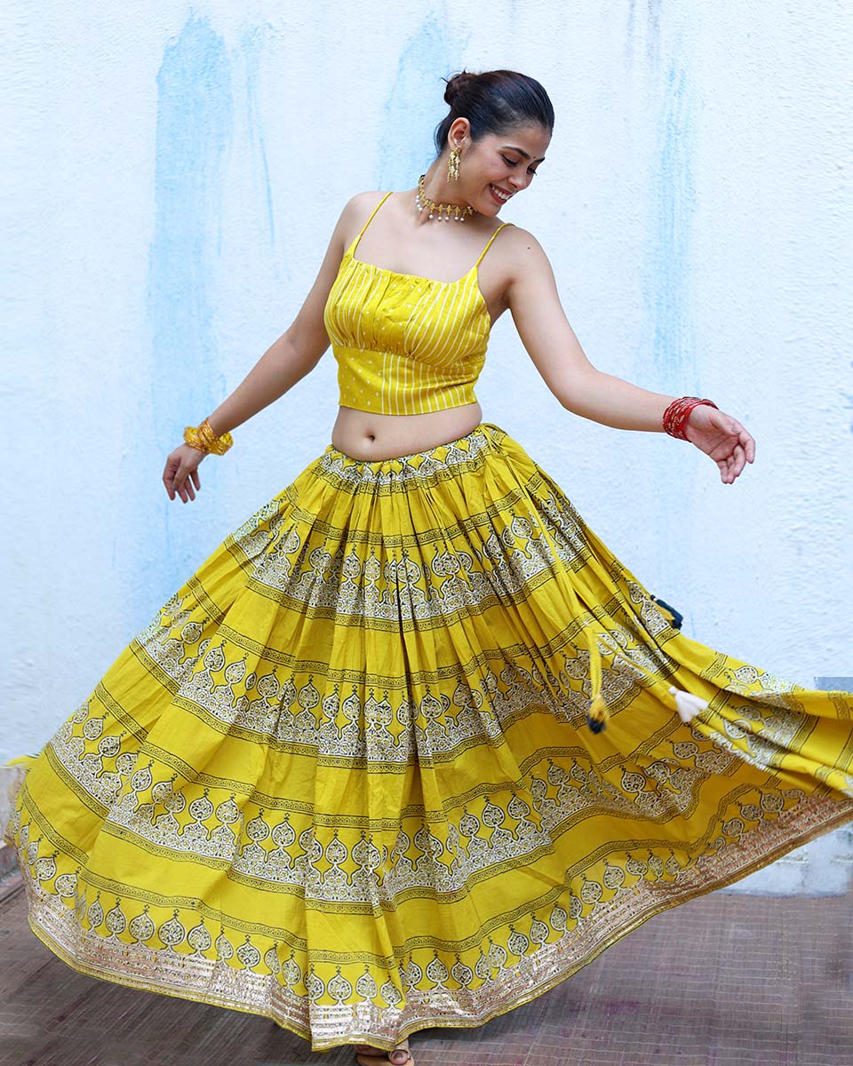 Ushashi Yellow Handblock Print Cotton Ghagra - RSH