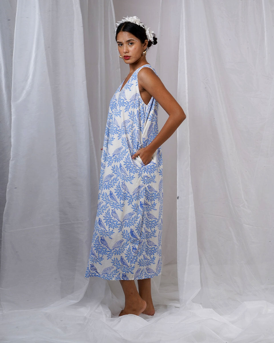 Megha White Hand Block Printed Dress-BAD